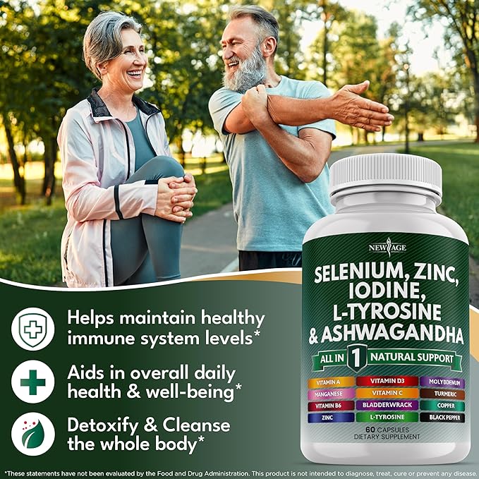 Selenium, Zinc, Iodine, L Tyrosine, Ashwagandha - Thyroid Support Supplement for Women and Men with Bladderwrack, Turmeric, Silica Kelp, Schisandra - 60 Count (Pack of 3)