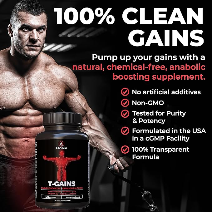 Testosterone Supplement for Men - T-GAINS Natural Testosterone Booster for Men with Longjack Tongkat Ali, Fadogia Agrestis, Shilajit - Estrogen Blocker, Mucle Builder & Vitality Support, 120 Count
