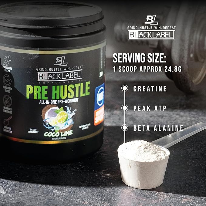 BLACKLABEL Supplements PRE Hustle V3 Pre-Workout Powder – NSF Certified for Sport – Energy, Strength & Endurance Support – Coconut Lime Flavor – with Creatine & Caffeine – 30 Servings