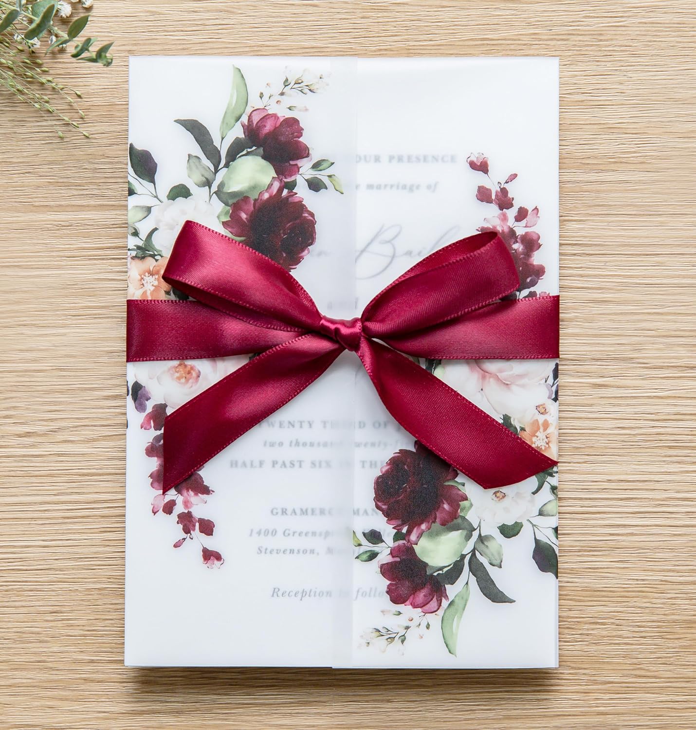 PONATIA 50 PCS Vellum Jackets for 5x7 Invitations- 135gsm Burgundy Floral Printed Vellum Sleeves, Quinceanera Wedding Invitation Cards Wraps