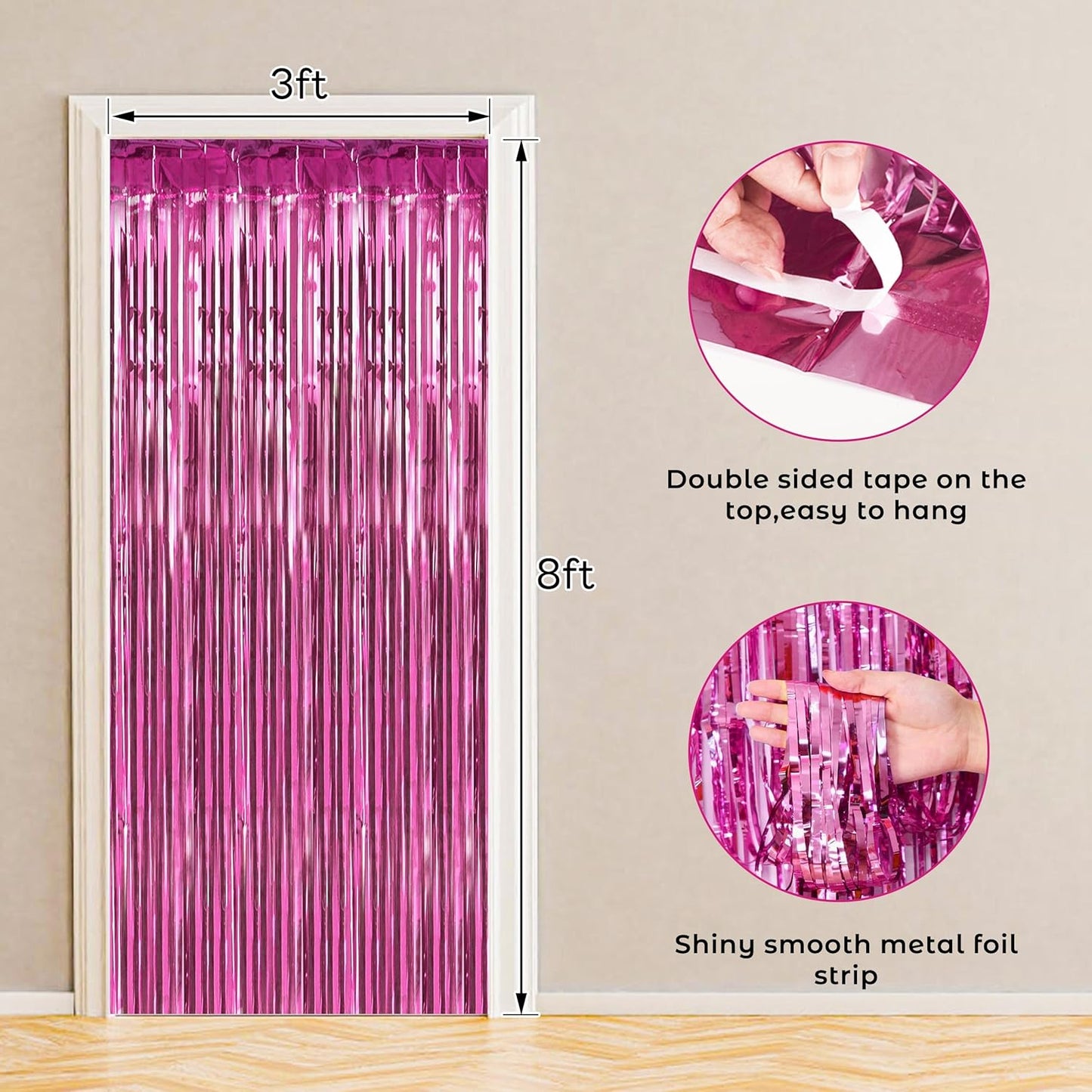 BTSD-home 4 Pack Pink Fringe Curtain, Metallic Photo Booth Backdrop Tinsel Door Curtains for Wedding Birthday Bridal Shower Baby Shower Bachelorette Christmas Party Decorations(8ft x 3ft)