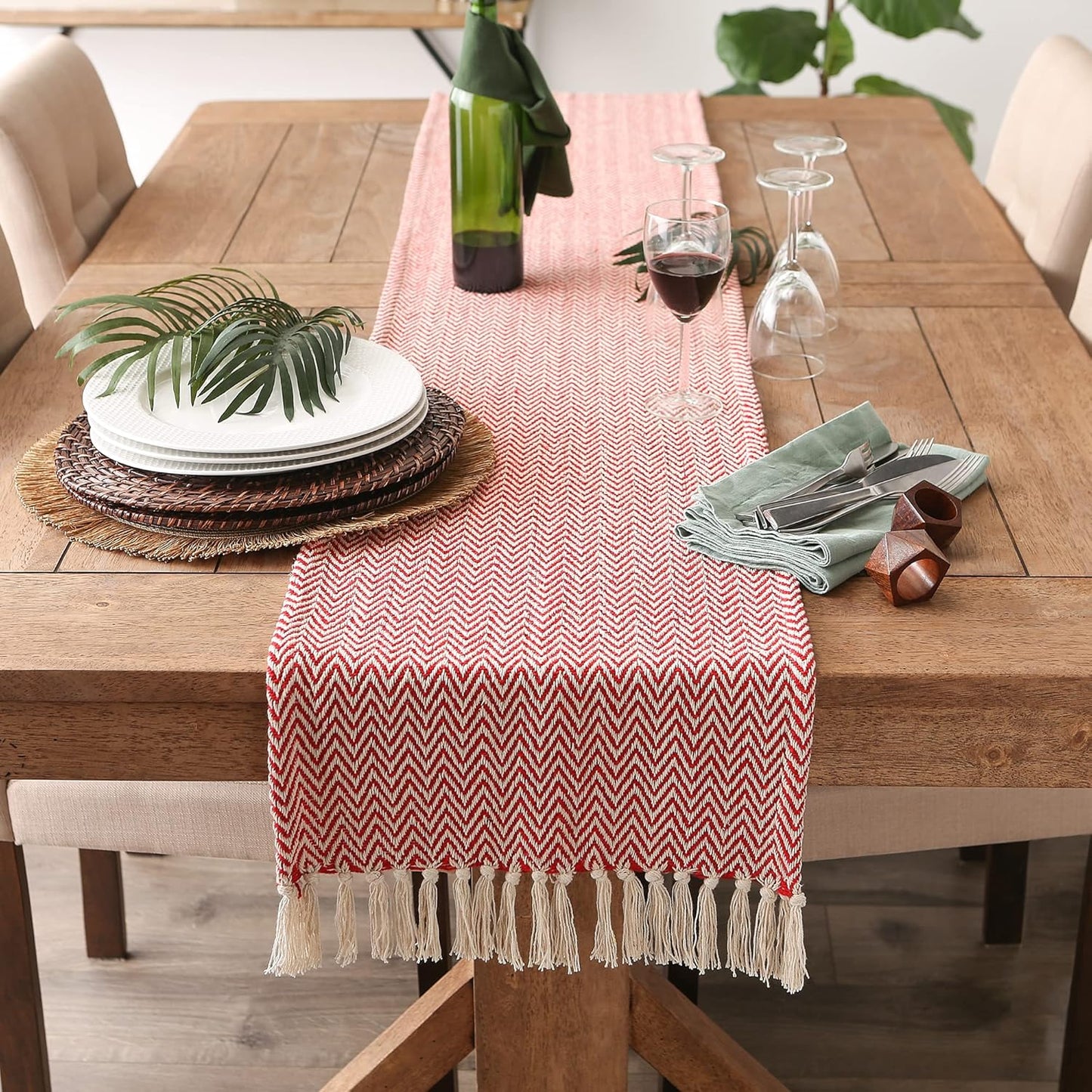DII Woven Basic Tabletop Collection Chevron Table Runner, 15x72, Tango Red
