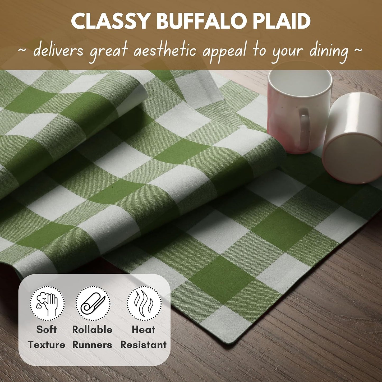 Native Fab Table Runner Buffalo Check Plaid 100% Cotton - 13x90 Inches Kitchen Dining Table Decoration for Indoor Outdoor Farmhouse Home Party Decor - Mint Green and White