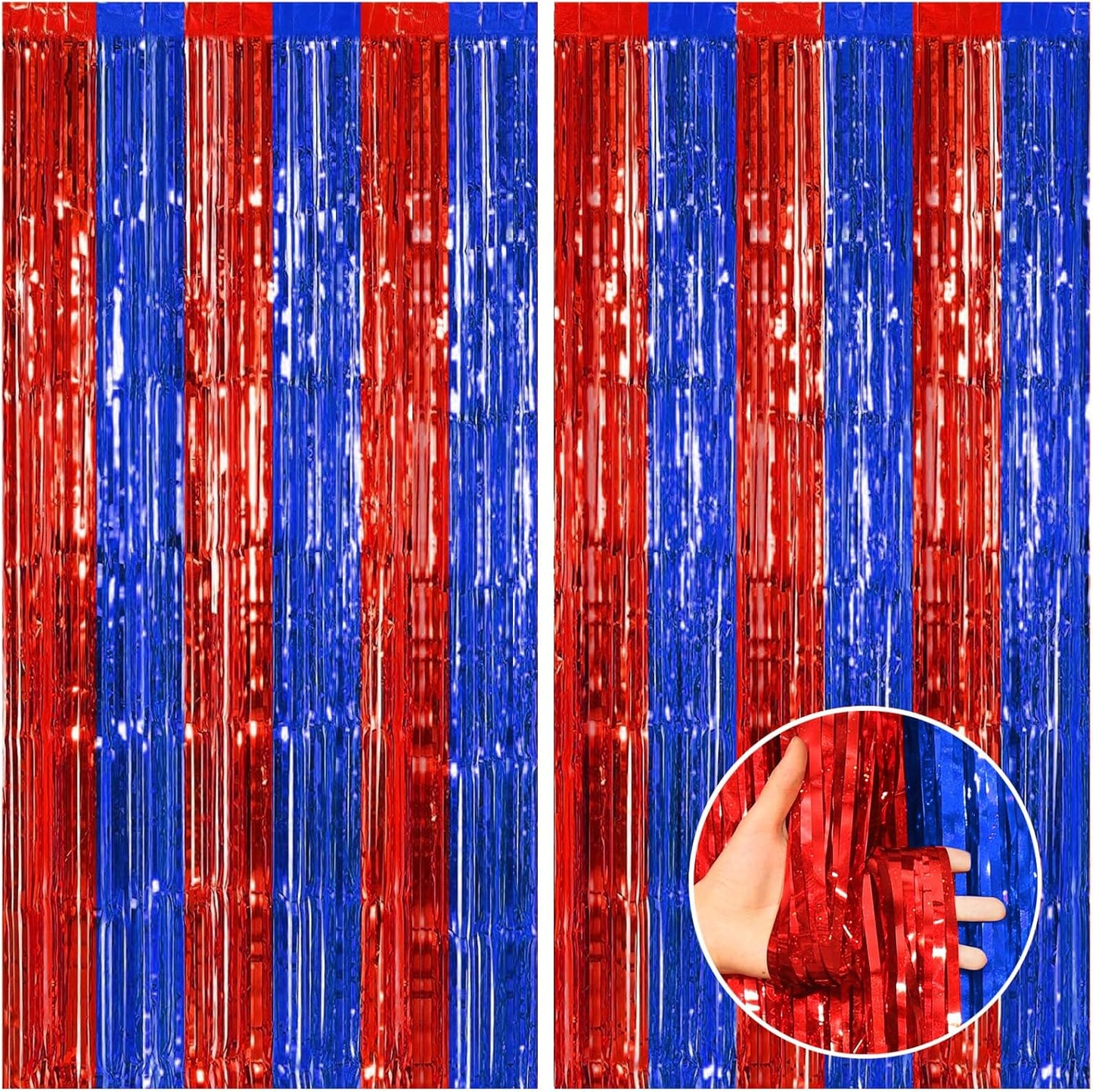 CANREVEL 2 Pack 3.3x8.2 Feet Blue and Red Foil Fringe Backdrop Curtains, Tinsel Streamers Birthday Party Decorations, Fringe Backdrop for Graduation, Carnival, Circus Theme Party