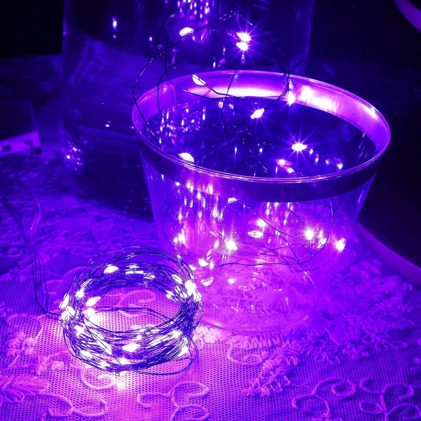WATERGLIDE 12 Pack Halloween Fairy Lights Battery Operated (Included), 7 ft 20 LED Mini Firefly Starry String Lights, Waterproof Black Wire Light for DIY Mason Jar Table Halloween Decor, Purple