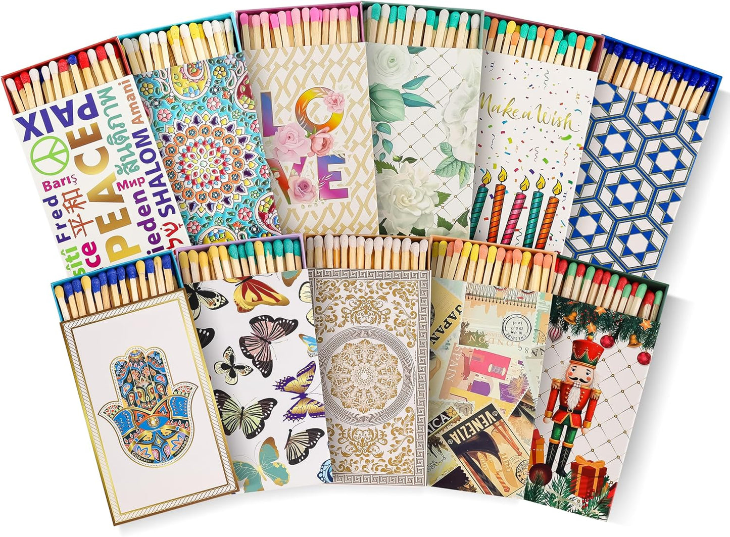 Decorative Matches Box -4-Inch Long Matches for Candles with Strike - Wooden Colorful Candle Sticks with Rainbow Tips - 50 Pc Match Sticks - Matchbox Designs of Your Choice (2 Unique Box Designs)