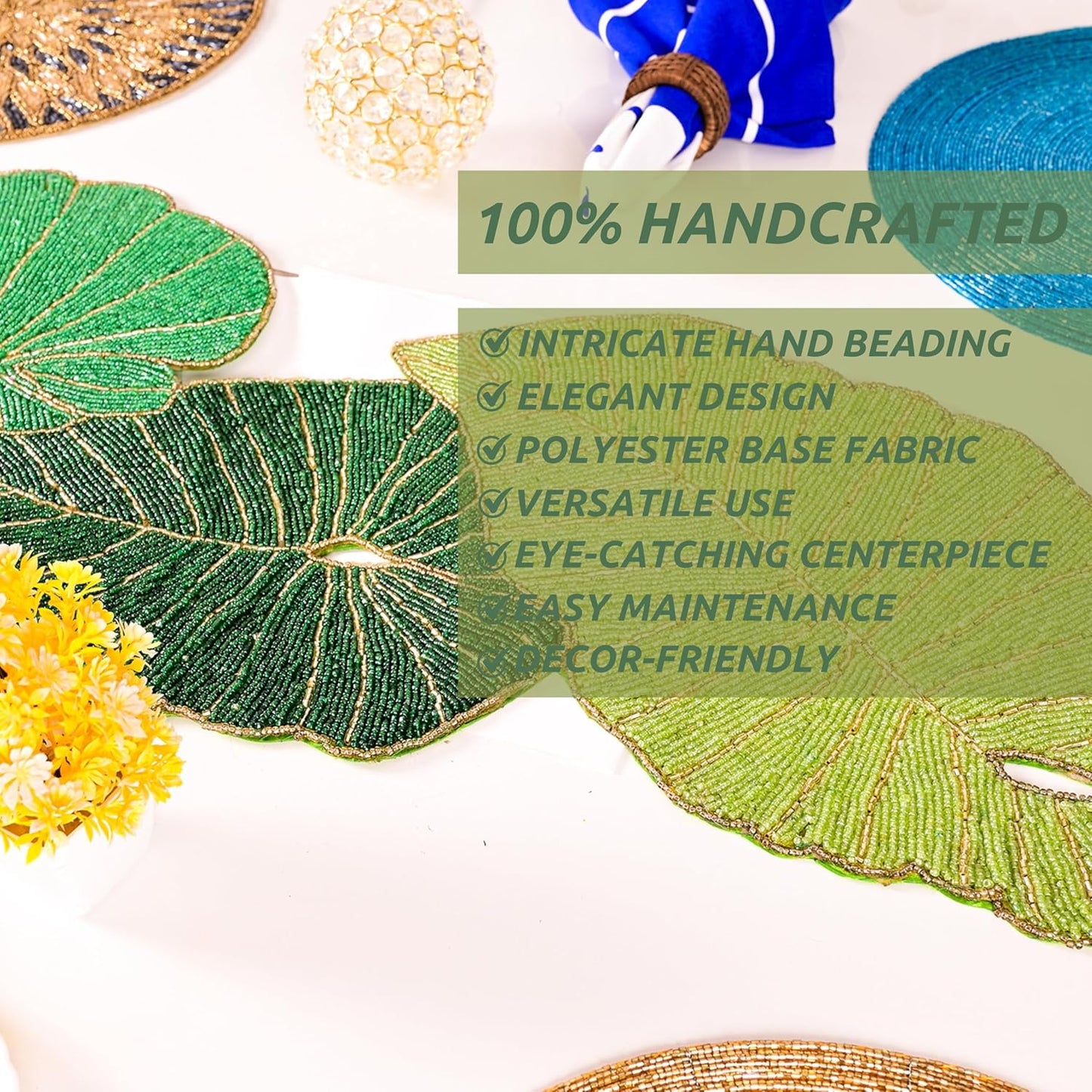 Luxury Beaded Table Runner - 13x36 Inches Handcrafted Leaf Pattern with Glass Beads & Polyester Back - Elegant Table Decor for Dining, Coffee Table & Events (Green) - CLEENTABLE