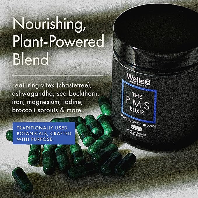 WelleCo The PMS Elixir Premenstrual Support Supplement for Women, Magnesium and Ashwagandha Capsules with Iron, Iodine, Broccoli Sprouts, Vitex, Chromium & B Vitamins, Vegan & Gluten Free, 60 Capsules