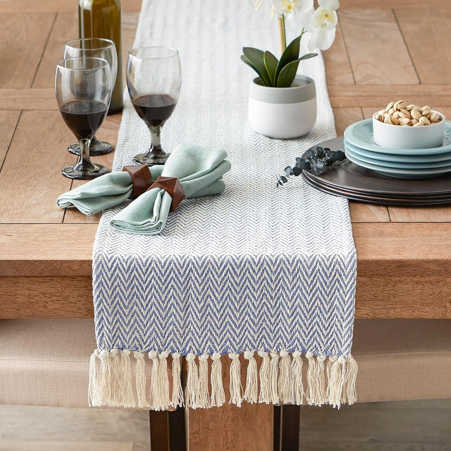DII Woven Basic Tabletop Collection, Chevron Table Runner, 15x72, Stone Blue