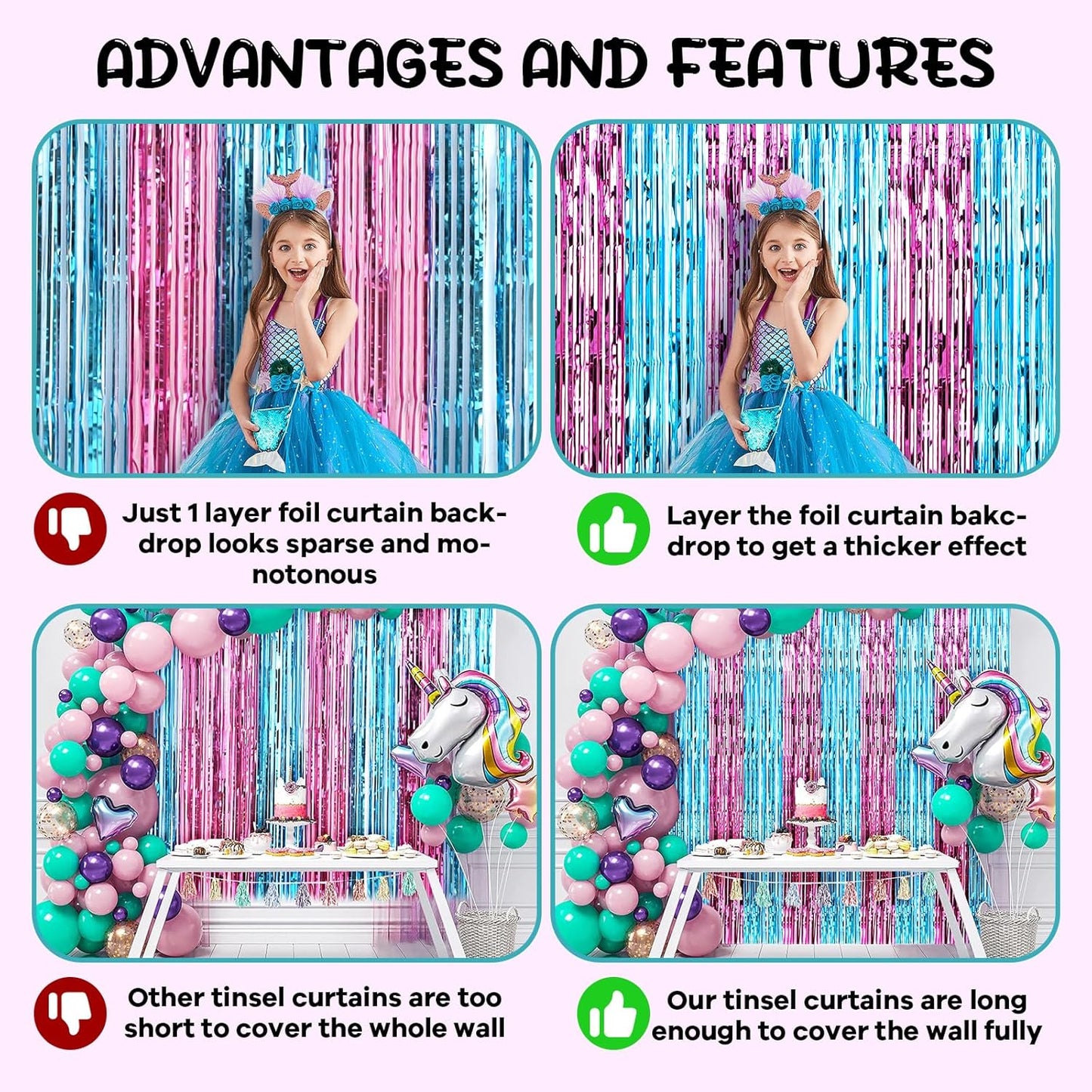 2 Pack 3.3x8.2 Feet Blue and Pink Foil Fringe Backdrop Curtains, Tinsel Streamers Birthday Party Decorations, Fringe Backdrop for Graduation, Baby Shower, Gender Reveal, Disco Party