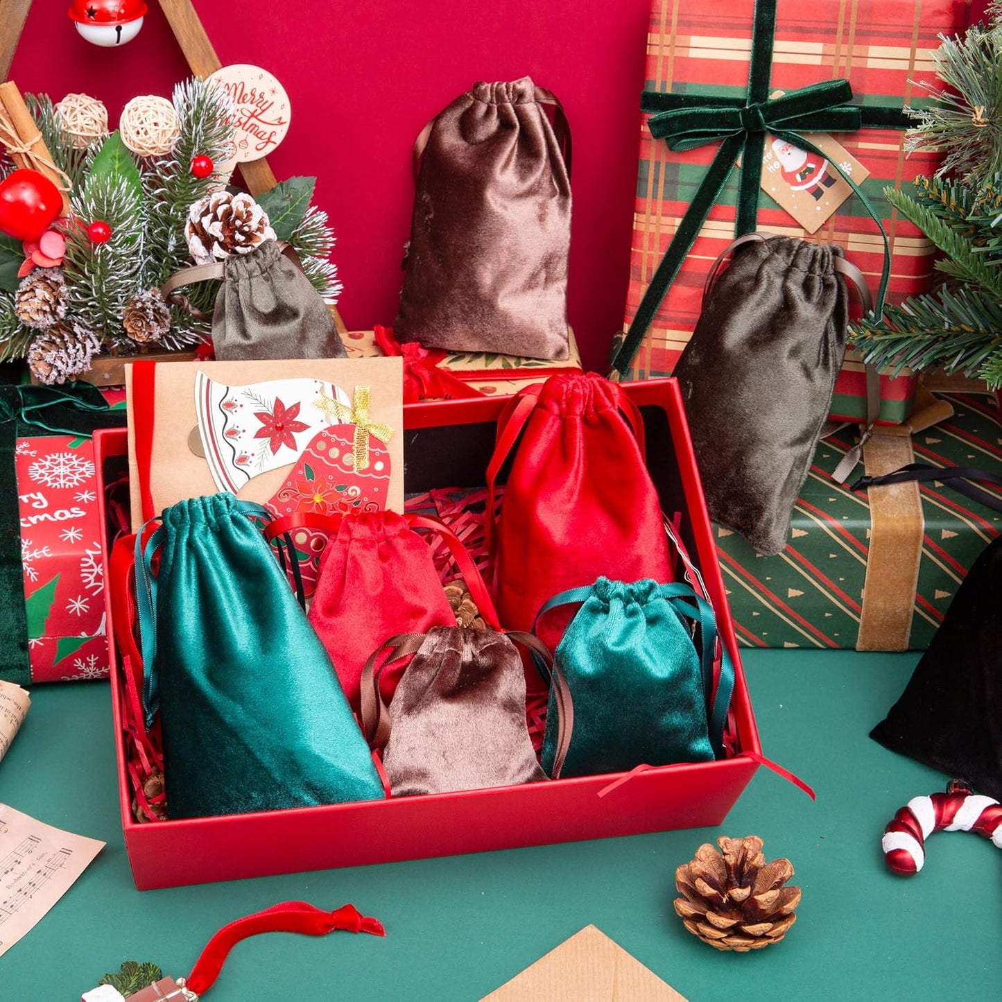 QIANF 12pcs Red Velvet Drawstring Bags 3x4 inches Velvet Cloth Small Gift Bags Jewelry Pouches for Storage Wedding Party Favor Christmas