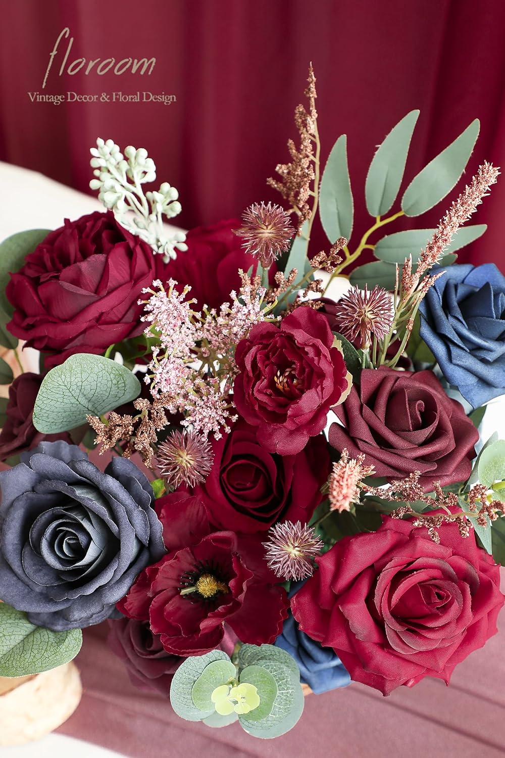 Floroom Burgundy Navy Blue Artificial Flowers Marsala Fake Roses Peonies Greenery Combo Box Set for DIY Dark Red Wedding Bouquets Bridal Shower Centerpieces Floral Arrangements Party Tables Decoration
