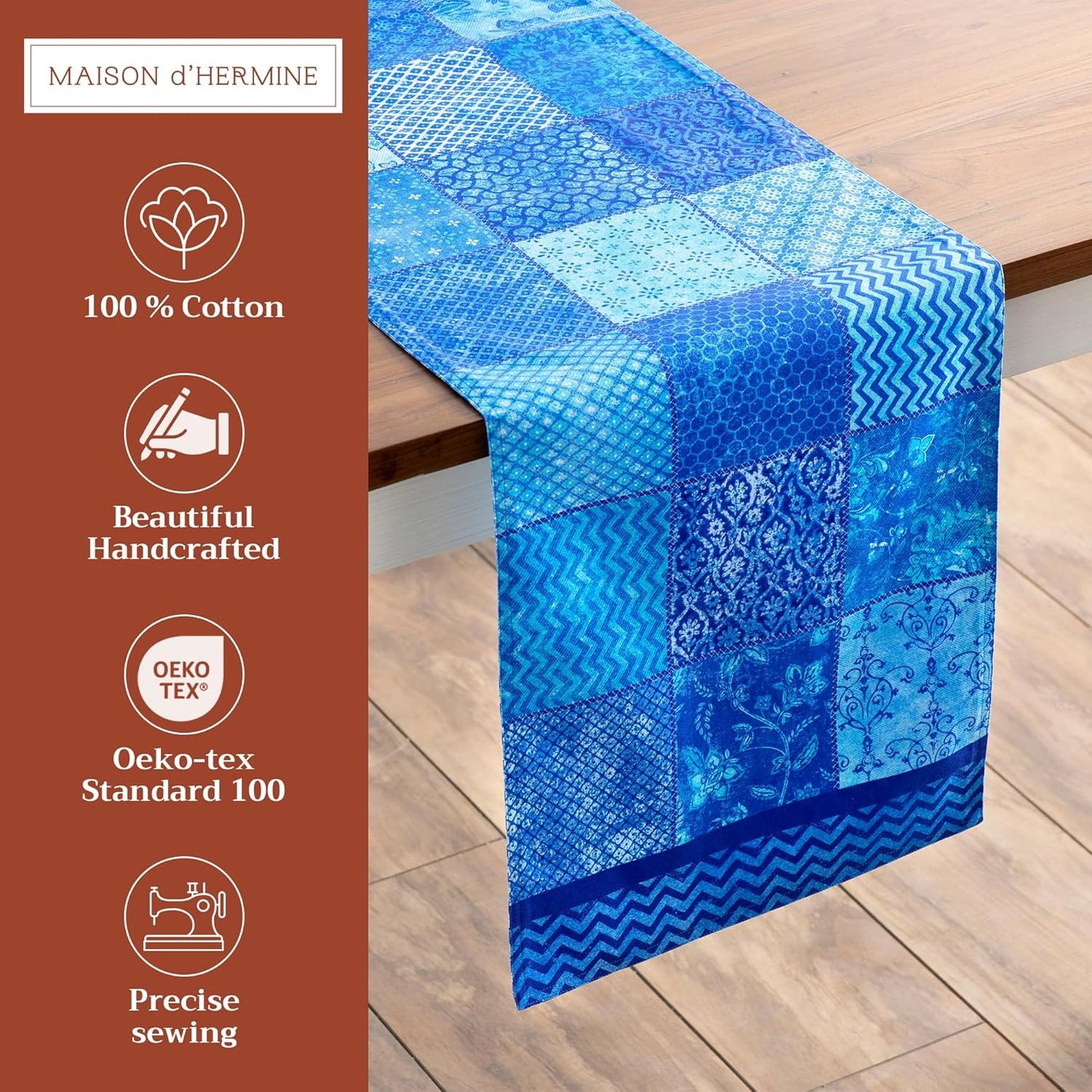 Maison d' Hermine Table Runner 100% Cotton Double Layer Table Runners 108 inches Long Decorative for Home Kitchen Dining Party Wedding Bridal Shower Spring Summer (Indigo Love, 14.50" x 108")