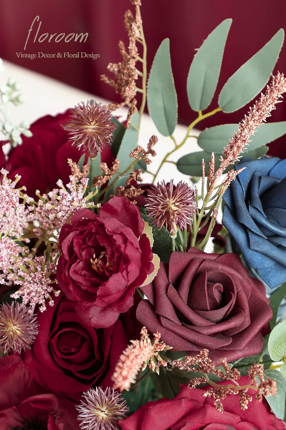 Floroom Burgundy Navy Blue Artificial Flowers Marsala Fake Roses Peonies Greenery Combo Box Set for DIY Dark Red Wedding Bouquets Bridal Shower Centerpieces Floral Arrangements Party Tables Decoration