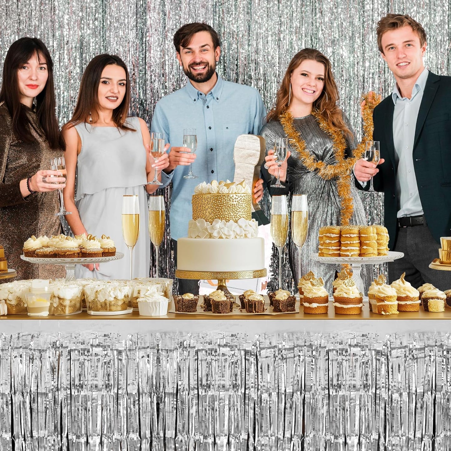 3 Pack Red Dark Blue Silver Table Skirts, 29x108" Metallic Foil Tinsel Fringe Table Skirt for Rectangle Tables Streamer Curtains Backdrop, Party Decorations for Birthdays, Weddings, Holidays