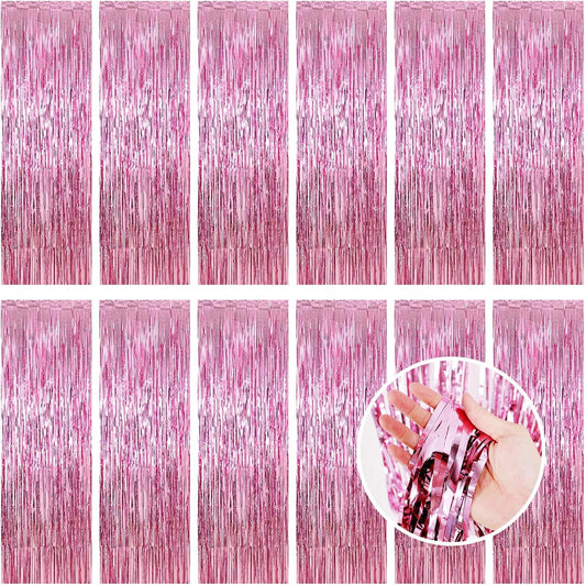 Pink Fringe Curtain Party Streamers, 12 Pack 3.3ft x 8.2ft Foil Curtain Backdrop Tinsel Foil Fringe Curtains Photo Booth Backdrop Streamer for Birthday, Wedding, Baby Shower, Disco Party