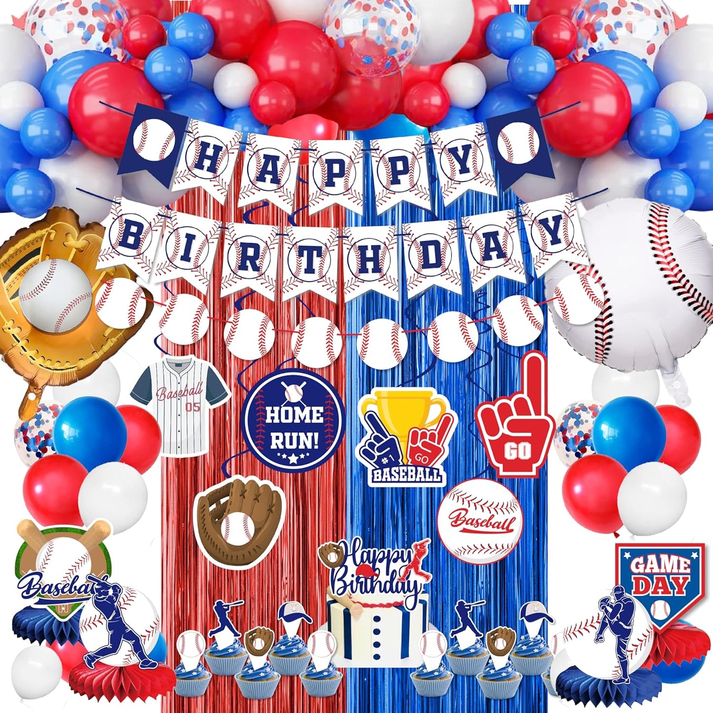 Baseball Party Decorations, Baseball Birthday Party Supplies Kit, Include Sport Themed Birthday banner, Foil Fringe,Hanging Swirls, Baseball Balloons, Cake&Cupcake Toppers
