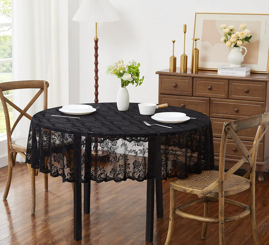 LinenZone Extra Large Black Round Tablecloth for Rustic Vintage Decor. Sheer Lace Table Cloth Works Great As Wedding Tablecloth or Thanksgiving Table Cover. (Mia 120 Round, Black)