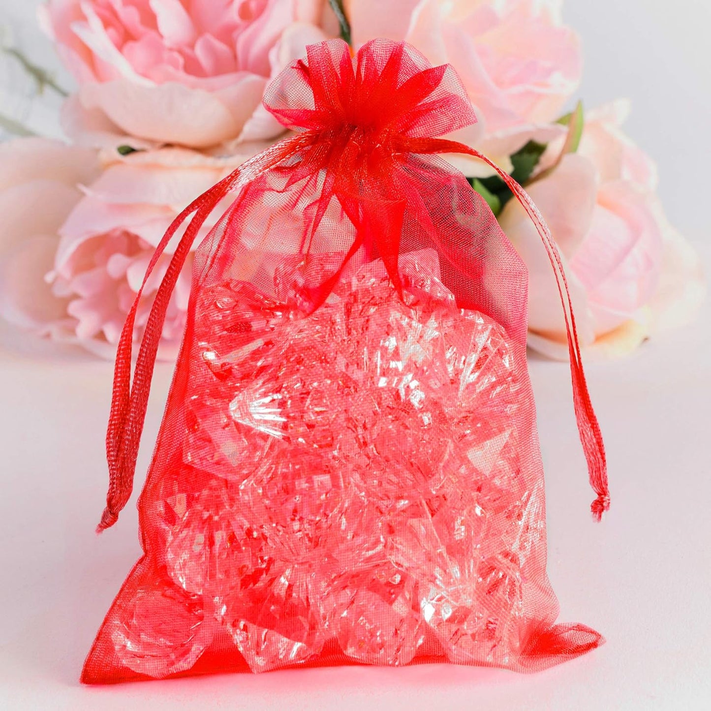 Super Z Outlet 100 Pack 5x7 Inch Mini Sheer Drawstring Organza Transparent Bags Jewelry Sack Pouches for Wedding, Party Decorations, Arts & Crafts Gifts (Red)