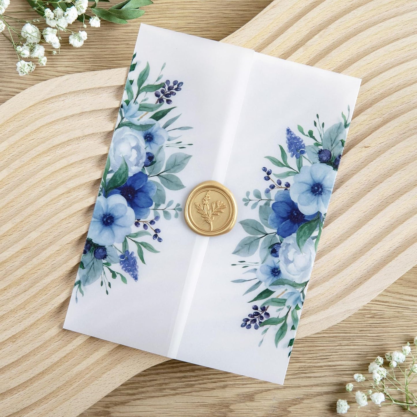 PONATIA 50 PCS Vellum Jackets for 5x7 Invitation Cards - 135GSM Royal Blue Flowers Vellum Sleeves, Transparent Gift Card Jackets
