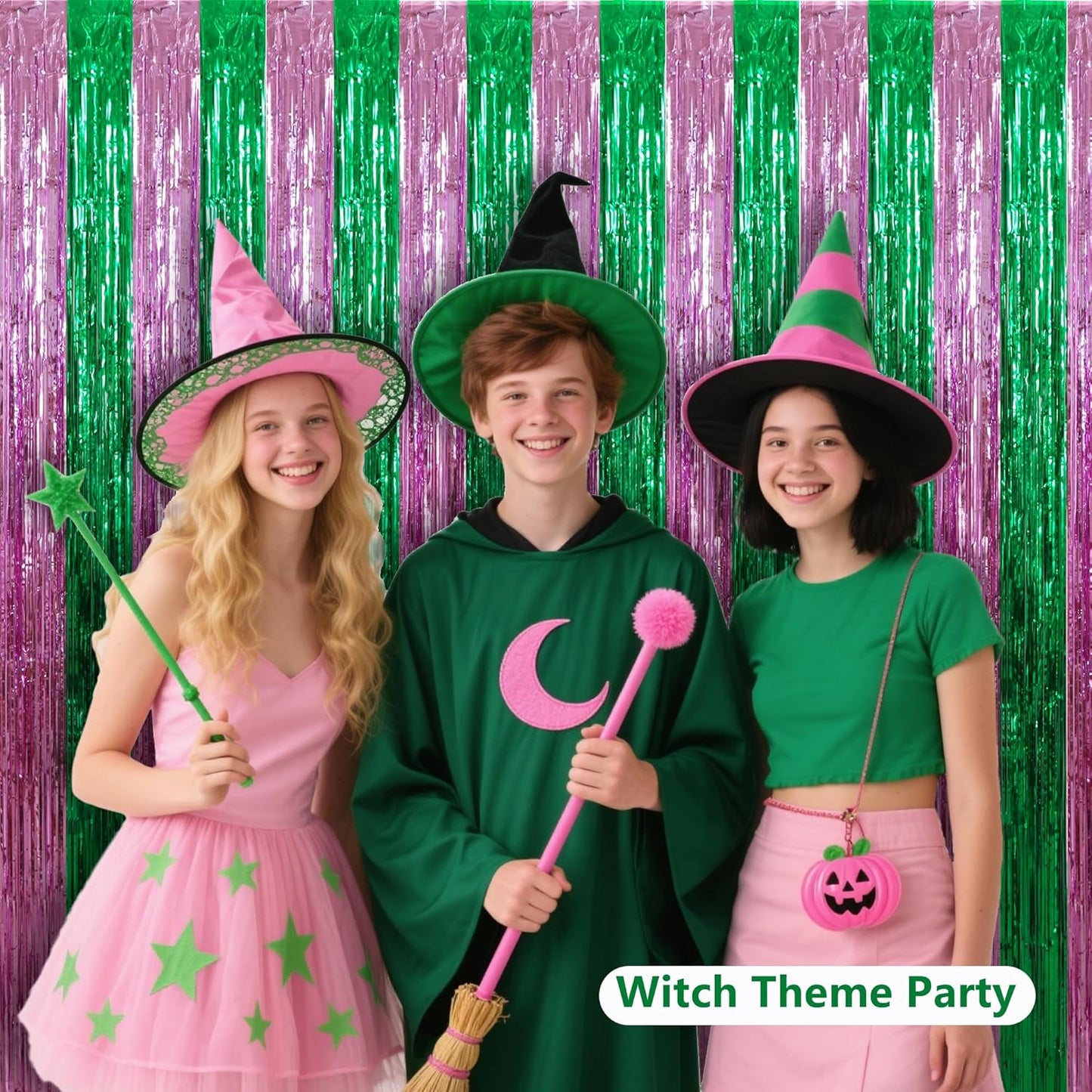 BEISHIDA Pink Green Door Streamers Backdrop Foil Fringe Tinsel Party Streamers Curtains Photo Backdrop for Birthday Graduation Wicked Party Decoations