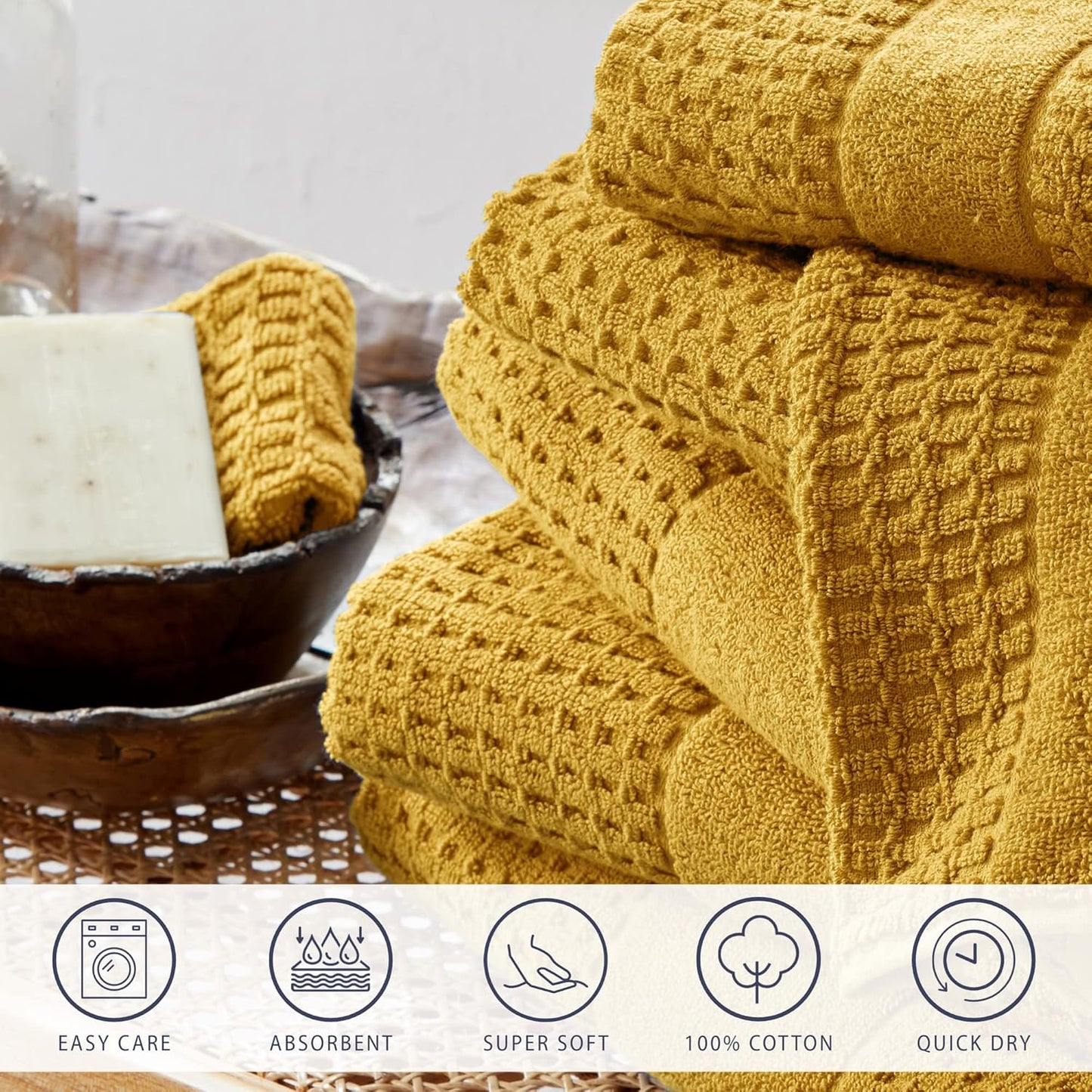100% Cotton Super Soft Luxury Bath Towel Set | Quick-Dry and Highly Absorbent | Waffle Textured | 550 GSM | Includes 4 Bath Towels | Harper Collection (Mustard Yellow)