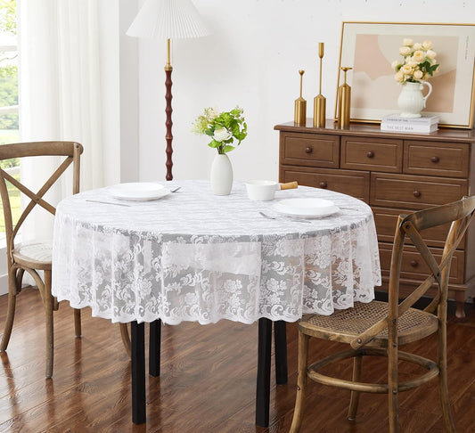 LinenZone Extra Large White Round Tablecloth for Rustic Vintage Decor. Sheer Lace Table Cloth Works Great As Wedding Tablecloth or Thanksgiving Table Cover. (Mia 120 Round, White)