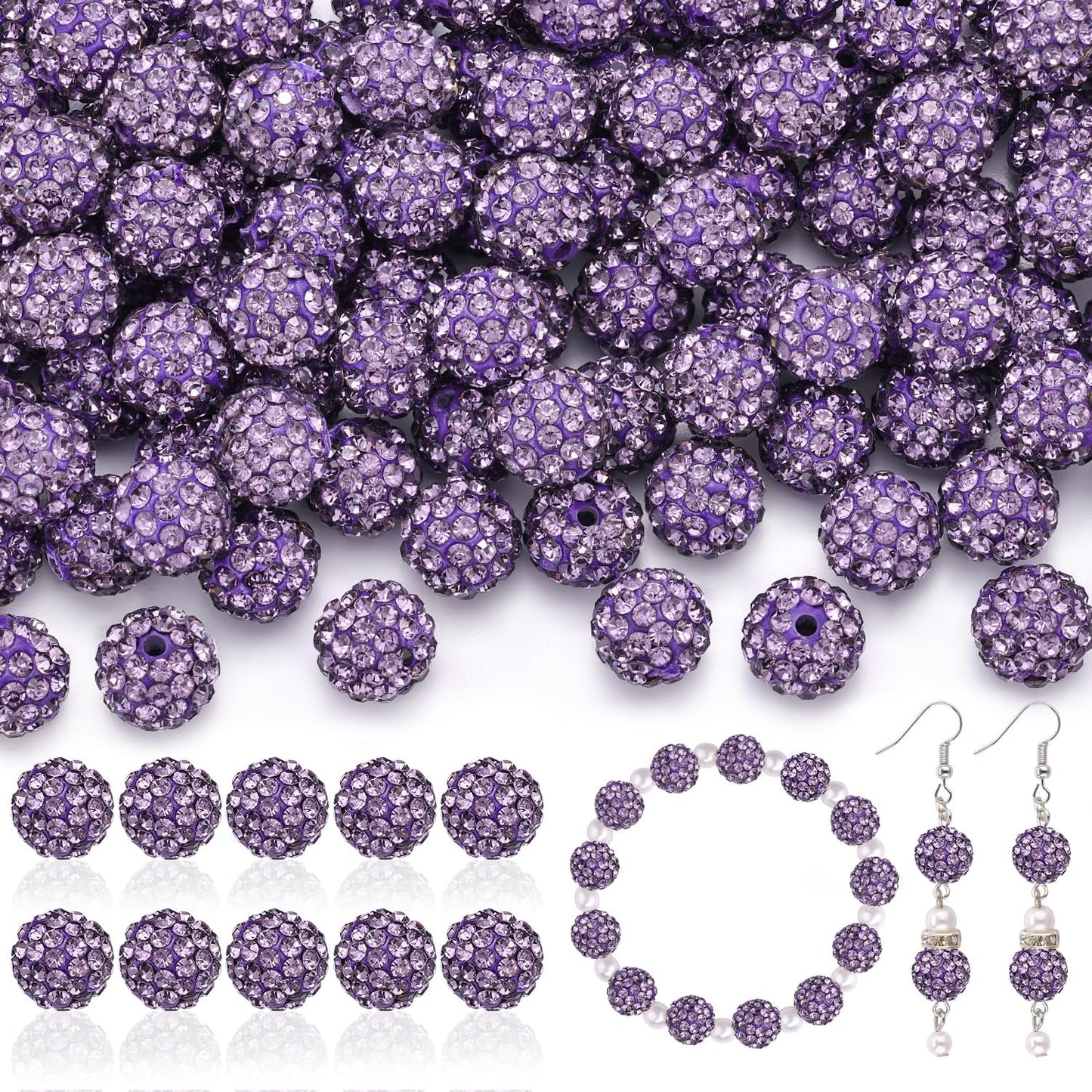 160pcs 10mm Rhinestone Beads for Jewelry Making, Purple Shiny Round Disco Ball Beads Bulk, Sparkle Crystal Clay Christmas for Bracelet Baseball Necklace Earring Crafting and DIY
