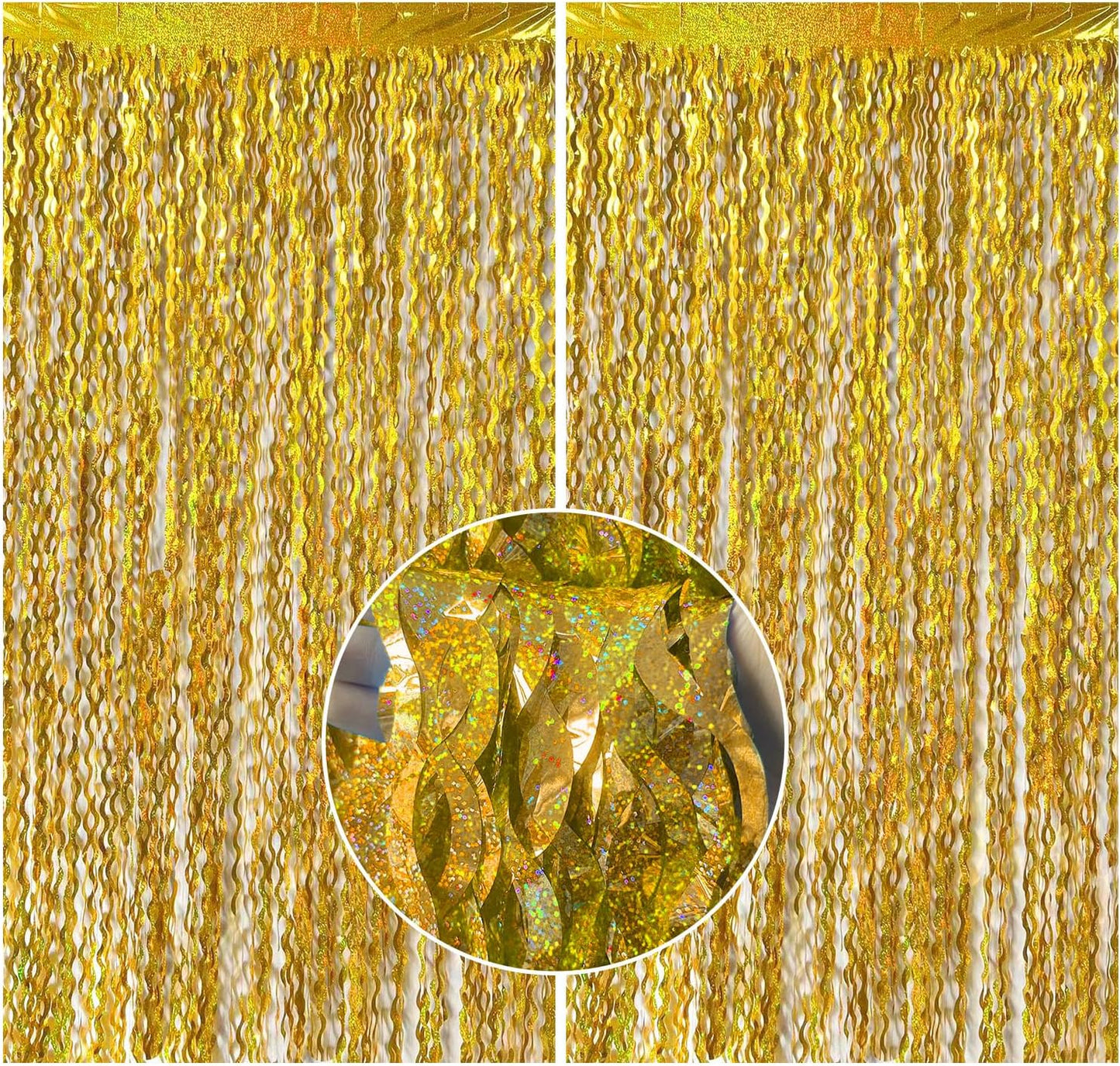2 Pack Gold Fringe Curtain Backdrop Tinsel Streamers Birthday Party Decorations Photo Booth Backdrop Halloween New Year Graduation Theme Party Decorations