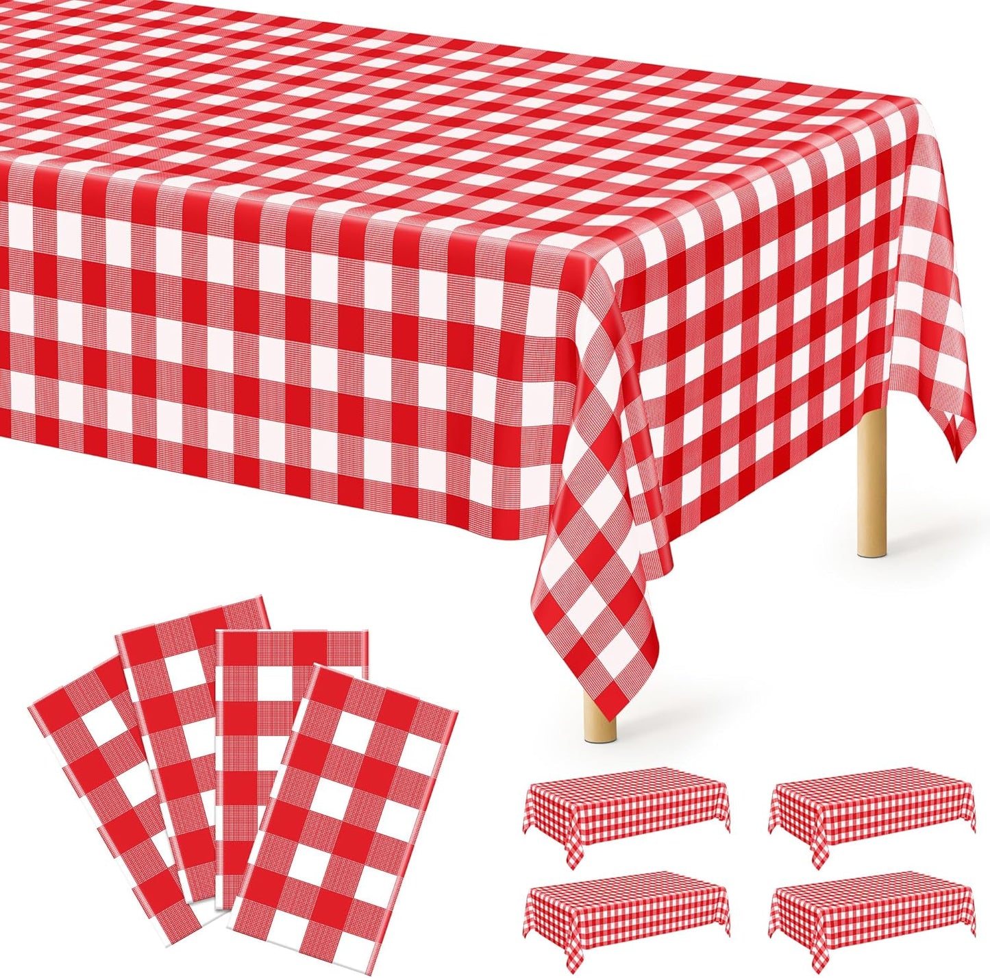 4Pack Plastic Table Cloth Ddisposable, 54" x 108" Table Cloth Rectangle Table, Waterproof Red and White Checkered Tablecloth, Outdoor Picnic Table Cover for Birthday Party Gathering Holiday Dinner