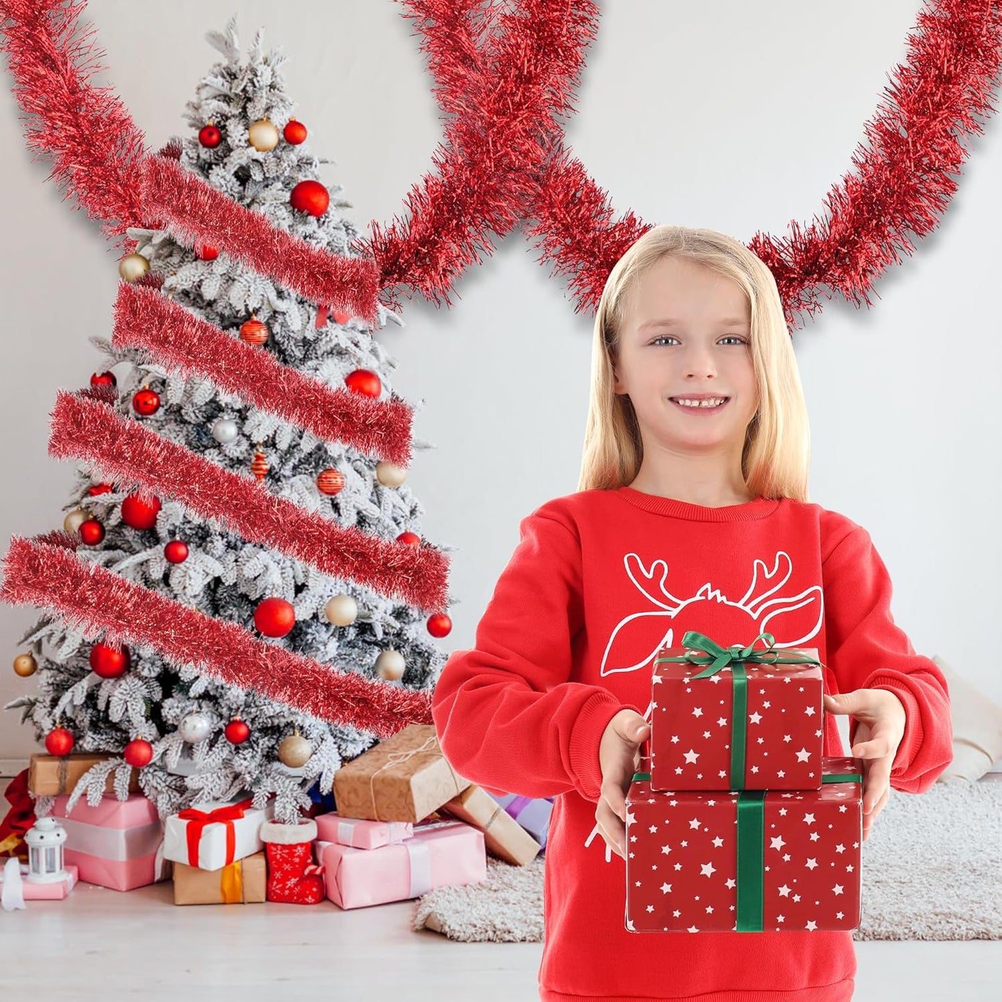 32.8 Ft Red Christmas Tinsel Garland Metallic Shiny Tassle Banner Wall Hanging Tinsel Streamers Backdrop for Christmas Holiday Birthday Party Supplies Indoor Outdoor Ornaments Home Decor