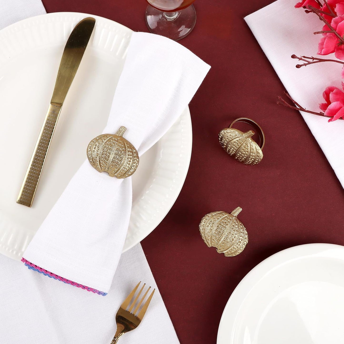 Gold Lightweight Metal Napkin Rings Set of 12 - Pumpkin Elegant Napkin Holders Modern Serviette Buckles Metallic Adornment for Table Settingsfor Thanksgiving, Fall, Halloween & Holiday - CLEENTABLE