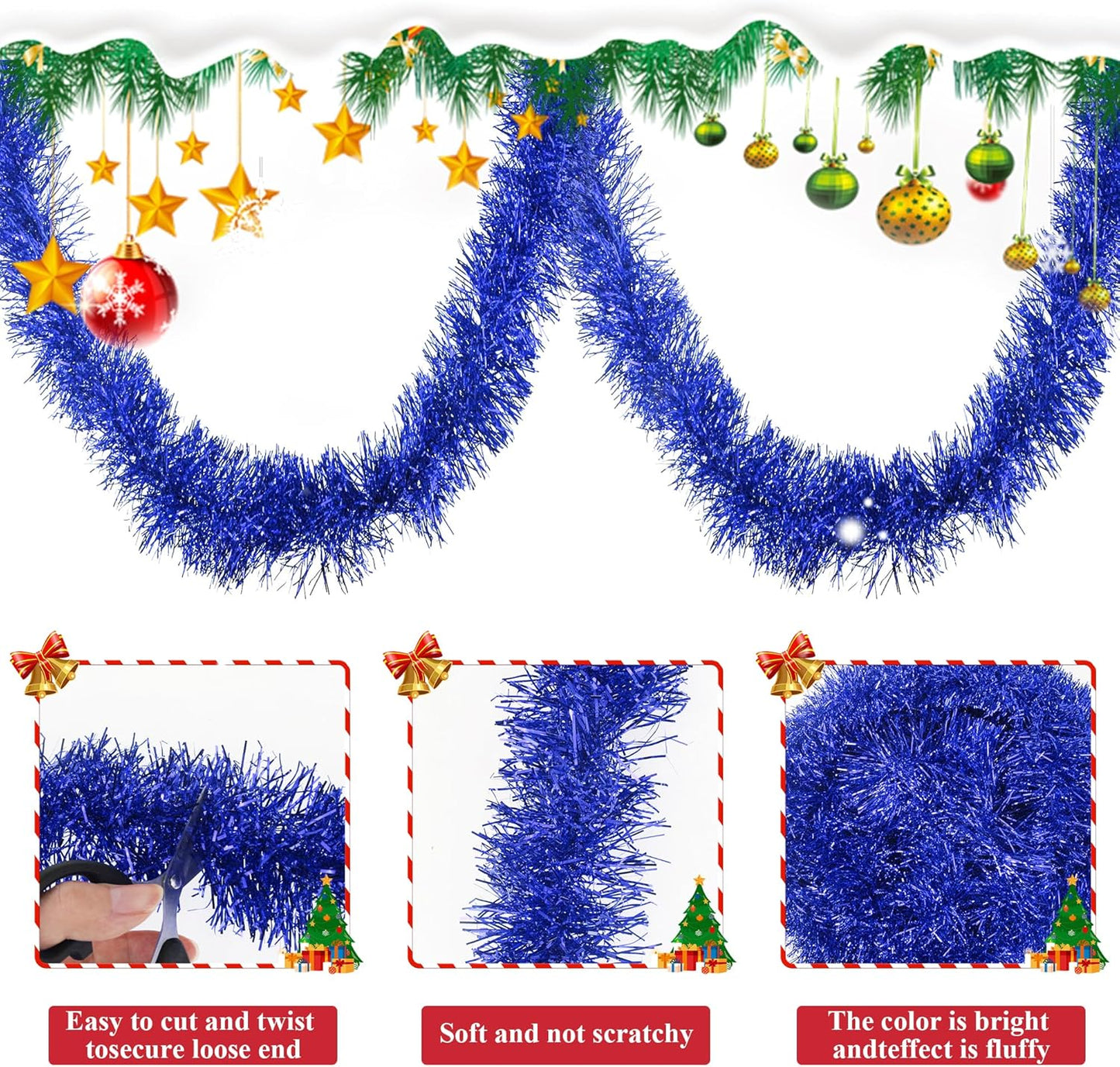 32.8 Ft Blue Christmas Tinsel Garland Metallic Shiny Tassle Banner Wall Hanging Tinsel Streamers Backdrop for Christmas Holiday Birthday Party Supplies Indoor Outdoor Ornaments Home Decor