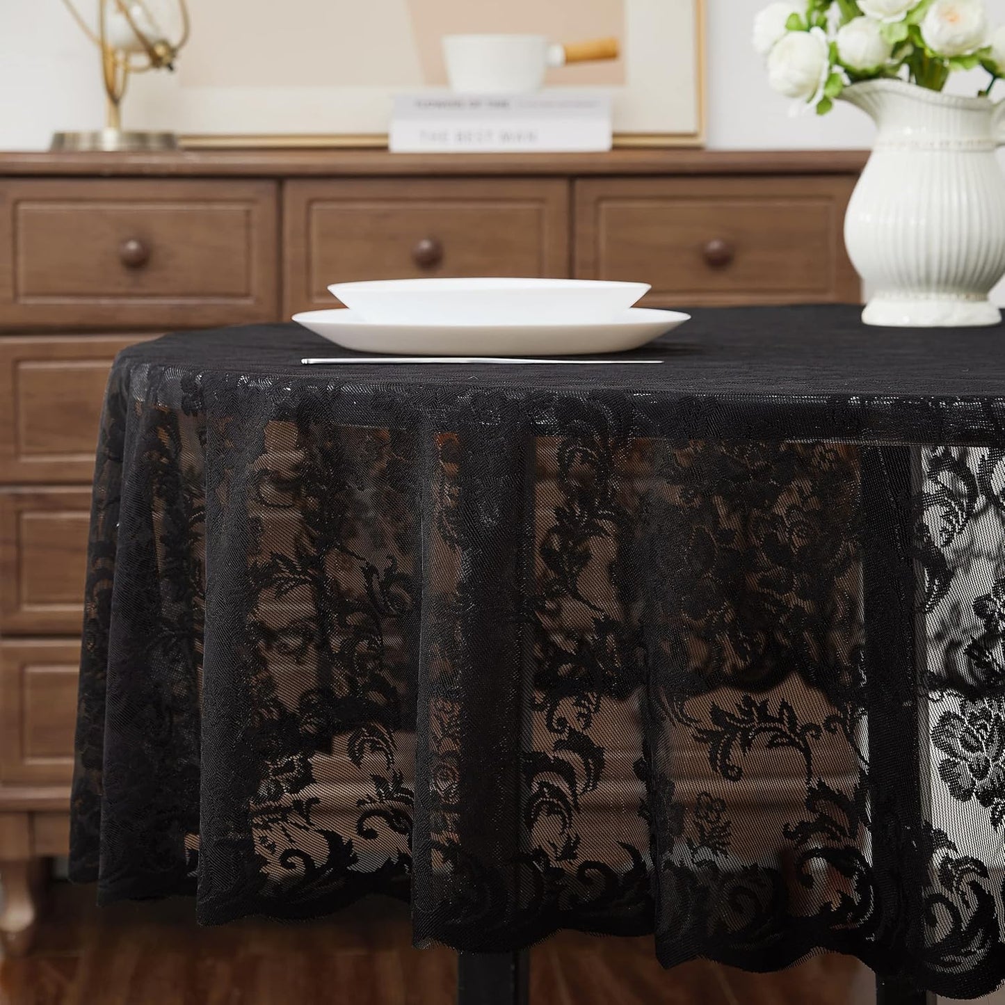 LinenZone Extra Large Black Round Tablecloth for Rustic Vintage Decor. Sheer Lace Table Cloth Works Great As Wedding Tablecloth or Thanksgiving Table Cover. (Mia 120 Round, Black)