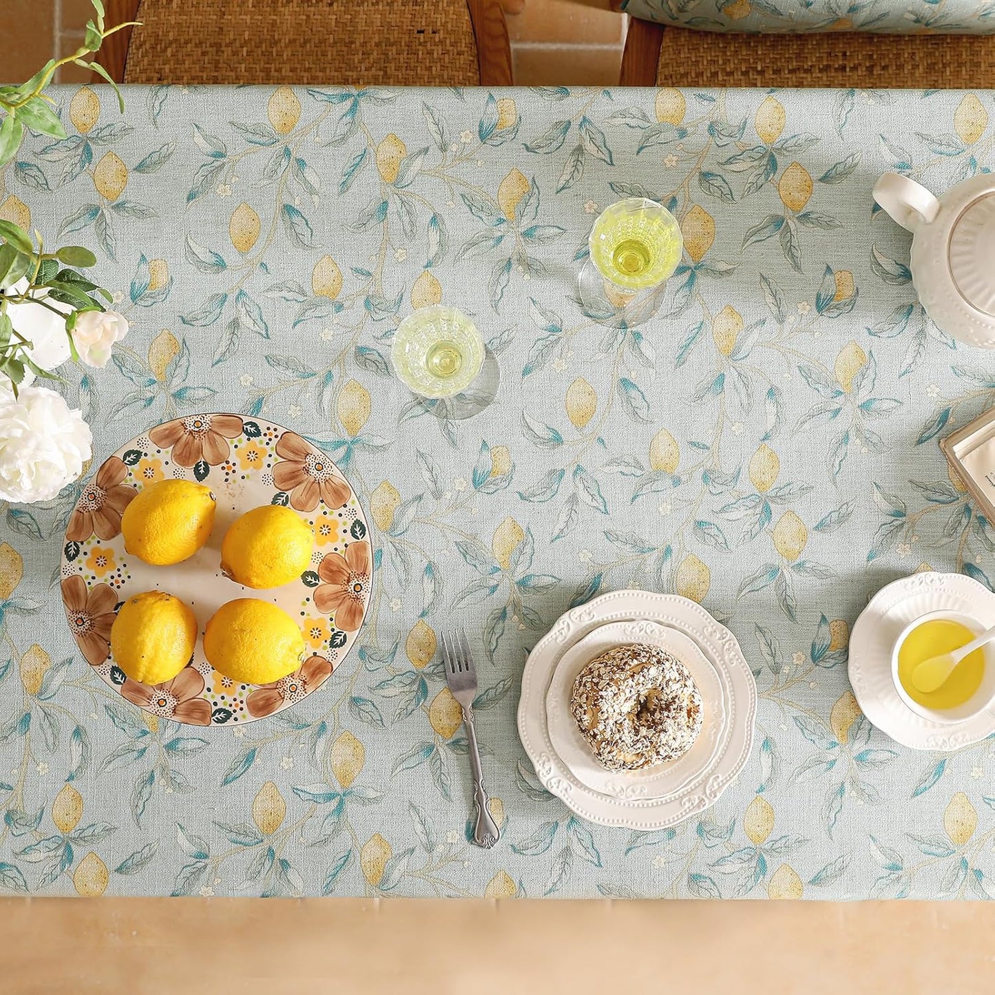 patdrea Designer Linen Green Tablecloth for Rectangle Table,Vintage Breathable Yellow Fruits Pattern Table Cloth,Decoration Cover for Kitchen Dining,Christmas,Thanksgiving,Party,63"x87"-Ania a