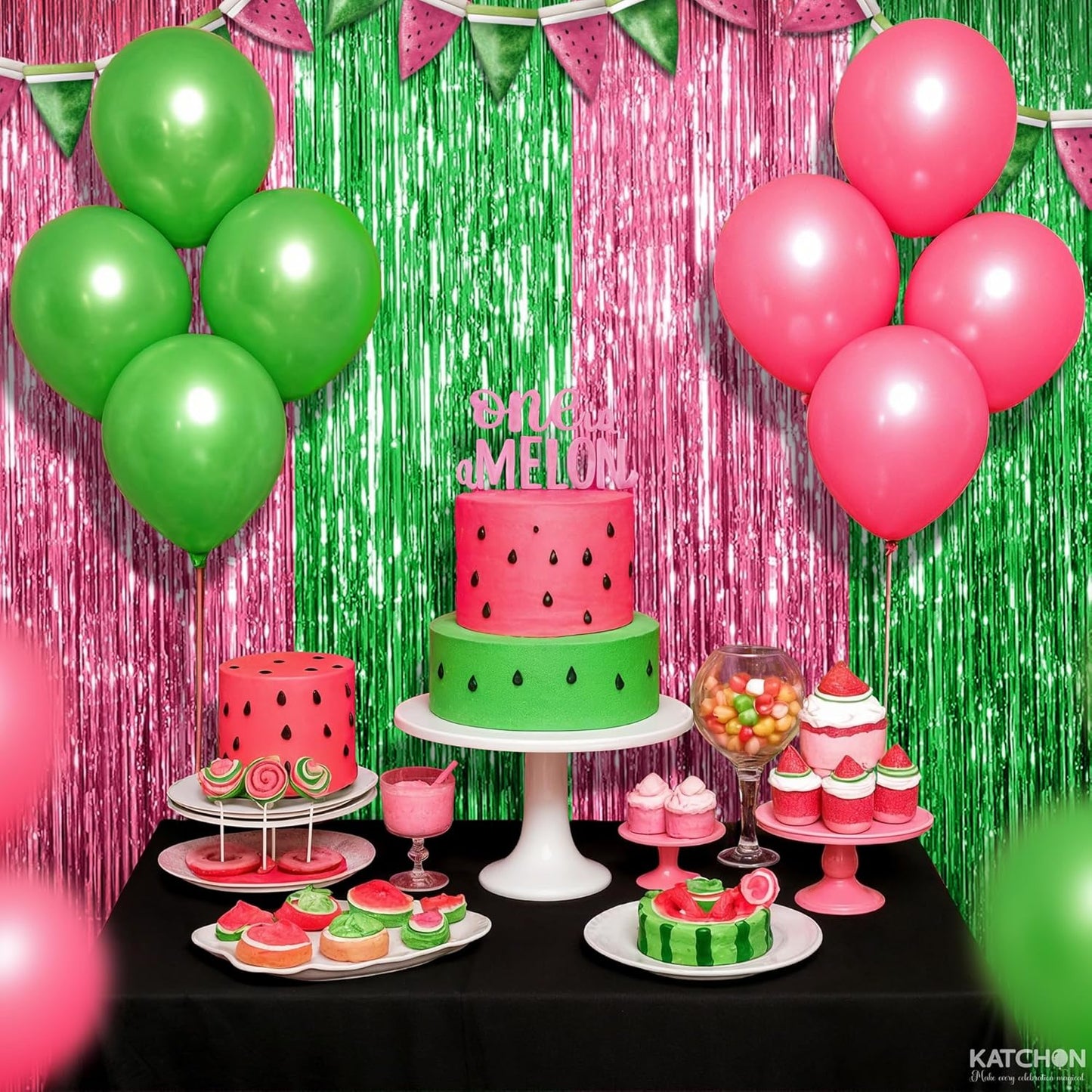 KatchOn, XtraLarge Green and Pink Fringe Backdrop, Pack of 2 - Streamer Backdrop for Flamingo, One in A Melon Party Decorations | Pink and Green Party Decorations | Princess Birthday Decorations