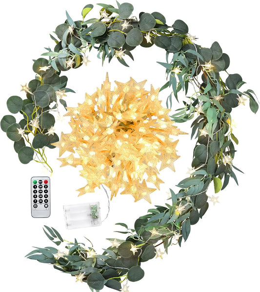 FiveSeasonStuff Woodland Whispers: Rustic Willow and Eucalyptus Garlands with 33 Feet 80 LED Star String Lights (USB)