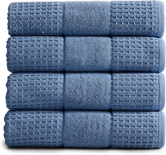 100% Cotton Super Soft Luxury Bath Towel Set | Quick-Dry and Highly Absorbent | Waffle Textured | 550 GSM | Includes 4 Bath Towels | Harper Collection (Denim Blue)