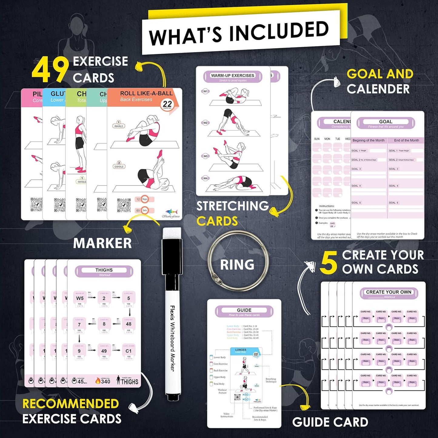 Pilates Workout Cards - 58 Exercise Cards with Pilates Mat Workout Postures, Video Instructions & Breathing Tips | Free Ring & Dry-Erase Marker to Create at home pilates womens workout planner