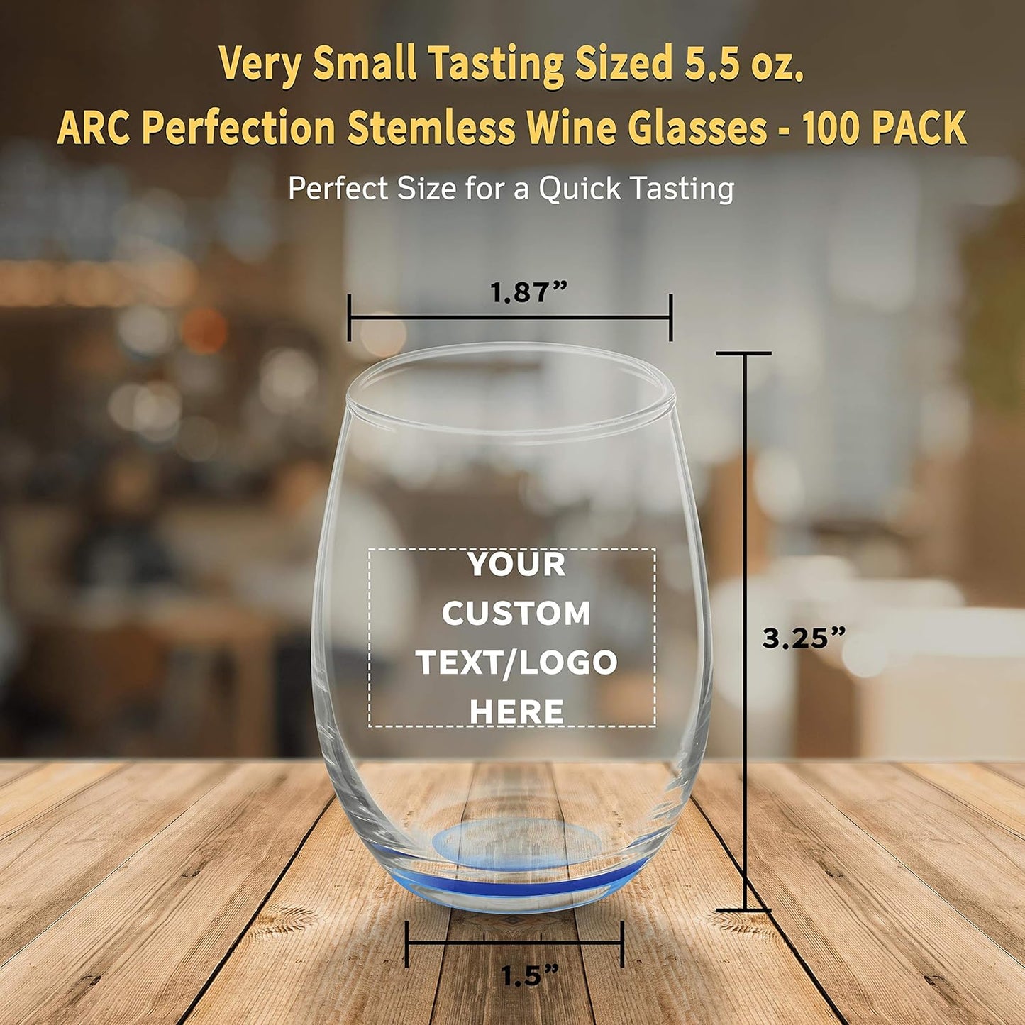 Custom Stemless Wine Glasses by ARC 5.5 oz. Set of 100, Personalized Bulk Pack - Perfect for Hotel, Bar, Restaurant or Lounge - Blue
