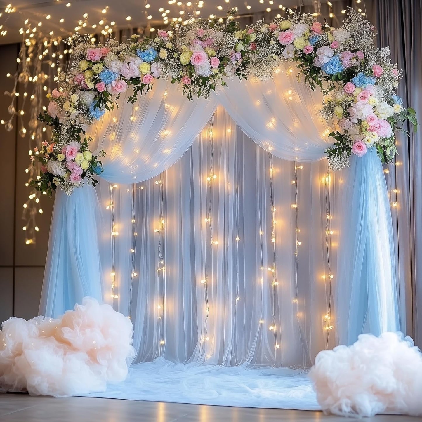 Tulle Backdrop Curtain with Lights String 10FT X 10FT Baby Blue Sheer Tulle Backdrop Curtains for Wedding Birthday Party Reception Photo Booth Background Decorations (2 Panels 5x10FT)