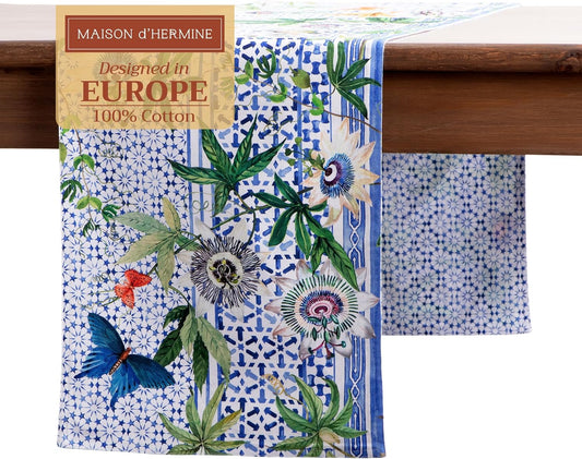 Maison d' Hermine Table Runner 100% Cotton Double Layer Table Runners 108 inches Long Decorative for Home Kitchen Dining Party Wedding Bridal Shower Spring Summer (Passiflora, 14.50" x 108")