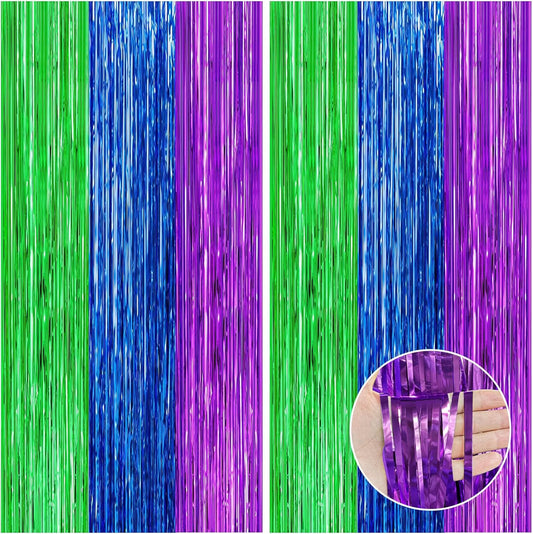 CANREVEL 2 Pack 3.3x8.2 Feet Green Blue and Purple Foil Fringe Backdrop Curtains, Tinsel Streamers Birthday Party Decorations, Photo Booth Props Backdrop for Graduation, Carnival, Baby Shower