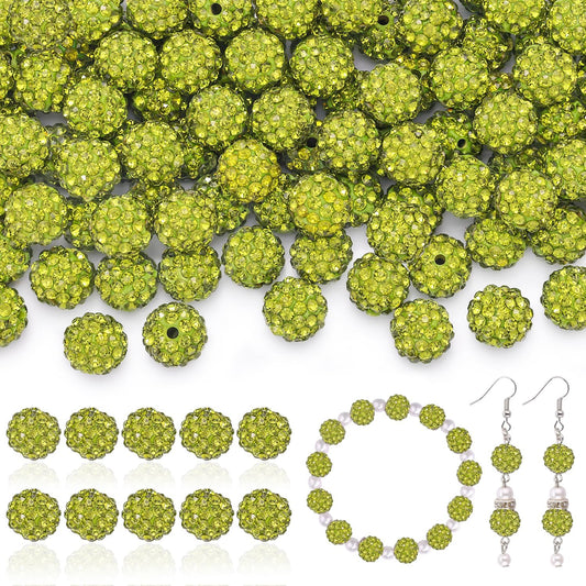 200pcs 10mm Rhinestone Beads for Jewelry Making, Olivine Shiny Round Disco Ball Beads Bulk, Sparkle Crystal Clay Christmas for Bracelet Baseball Necklace Earring Crafting and DIY