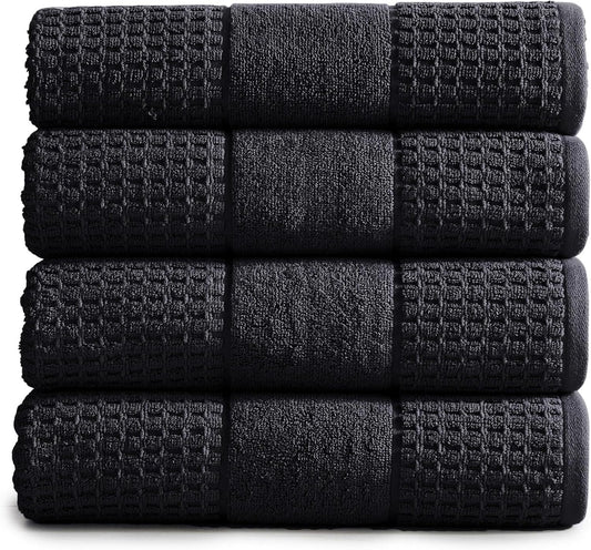 100% Cotton Super Soft Luxury Bath Towel Set | Quick-Dry and Highly Absorbent | Waffle Textured | 550 GSM | Includes 4 Bath Towels | Harper Collection (Black)