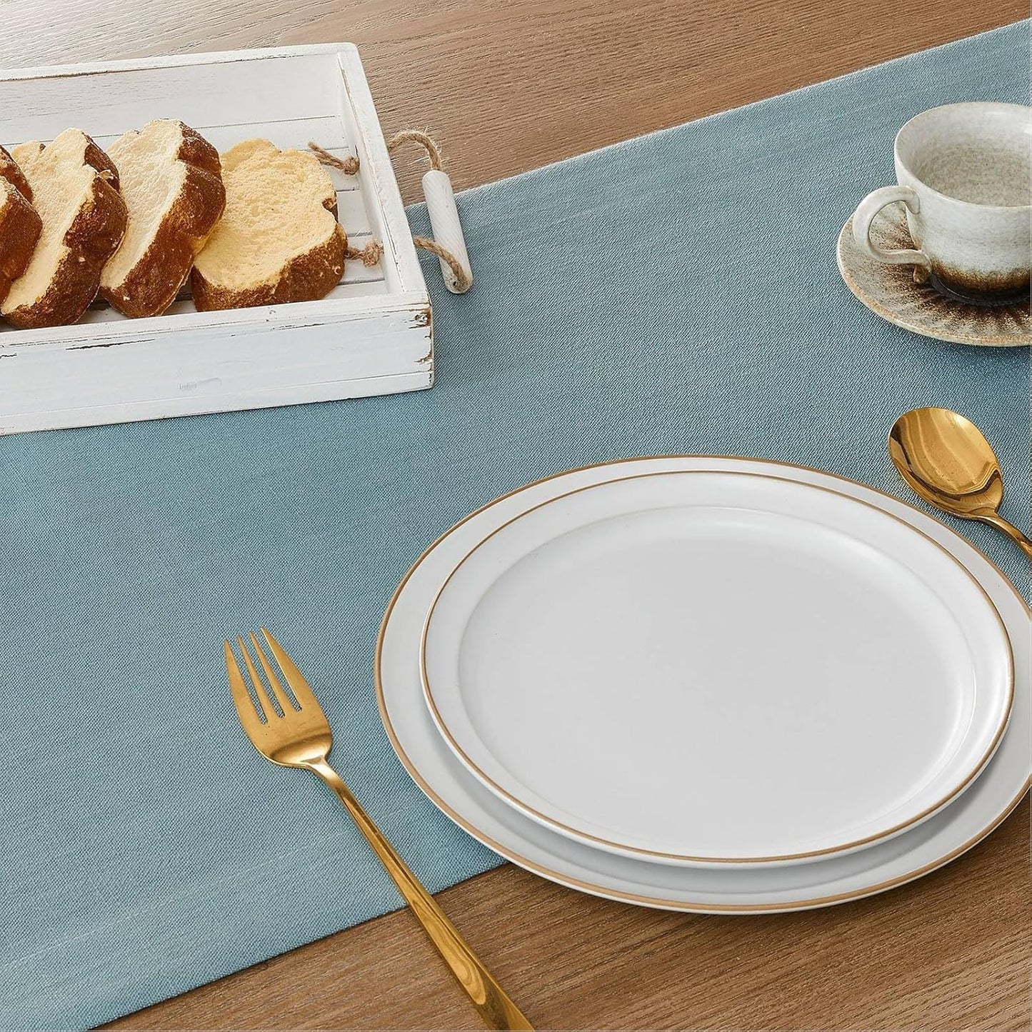 ZeeMart Linen Textured Border Table Runner, 14 x 48 Inch Blue, Farmhouse Style Dusty Blue Table Runners 48 Inches Long, Easy Care Everyday Polyester Table Runner