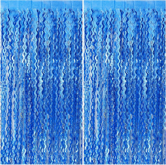 Blue Backdrop Wavy Tinsel Foil Fringe Curtains for Parties Sparkle Metallic Wavy Blue Birthday Decorations for Streamers Party Decorations Photo Booth Props Birthday Ocean Party Decor Supplies