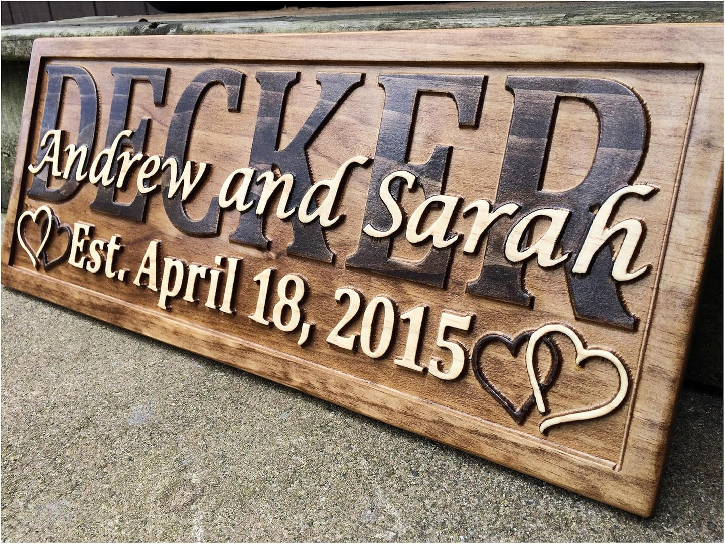 Personalized Wedding Gift Last Name Established Sign Family Name Signs Custom Wood Sign Carved Wood Sign 3D Hearts 5 Year Anniversary
