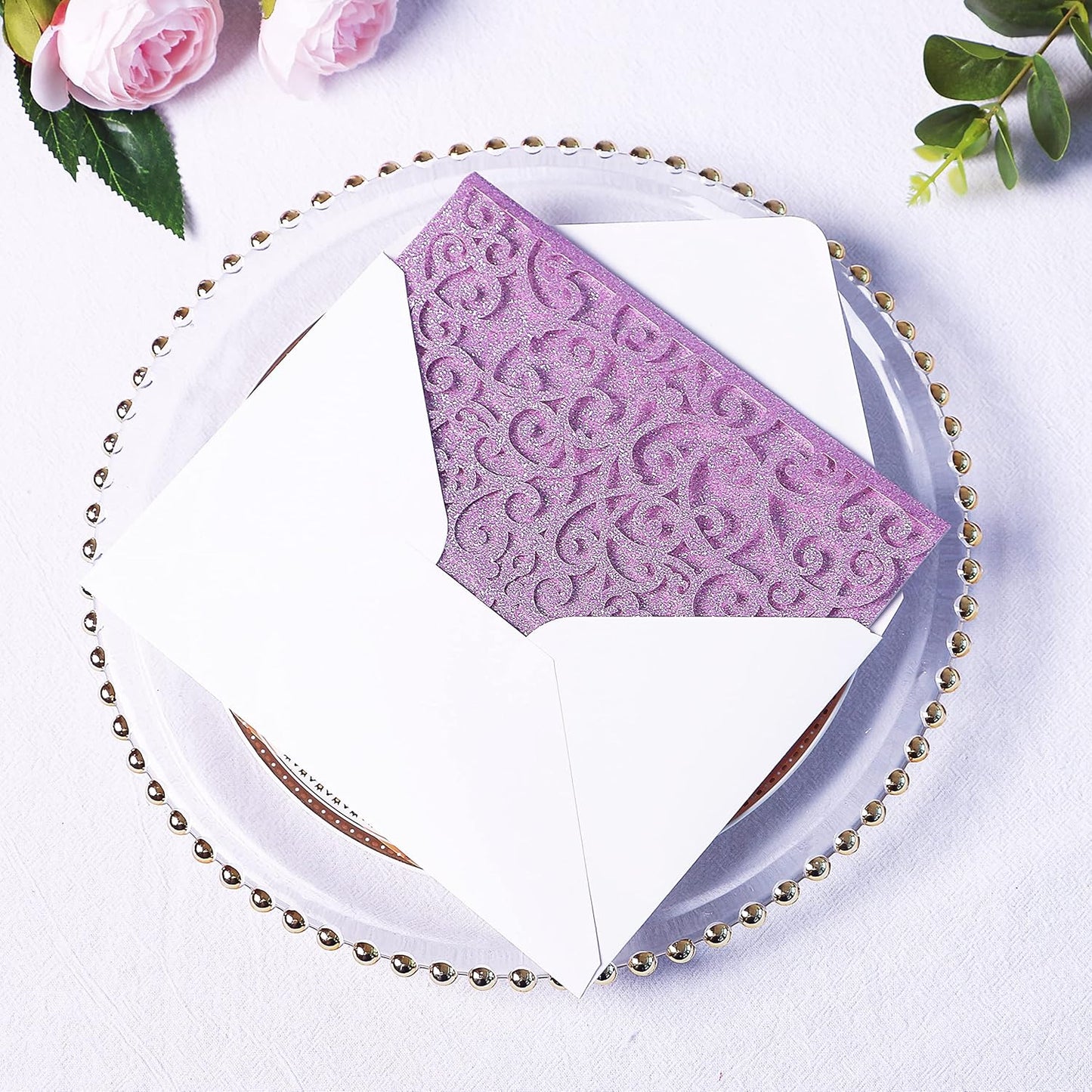 PONATIA 20 PCS Laser Cut Wedding Invitations Pockets with Envelopes for Wedding Party Bridal Shower Engagement Birthday Invite (Purple Glitter)