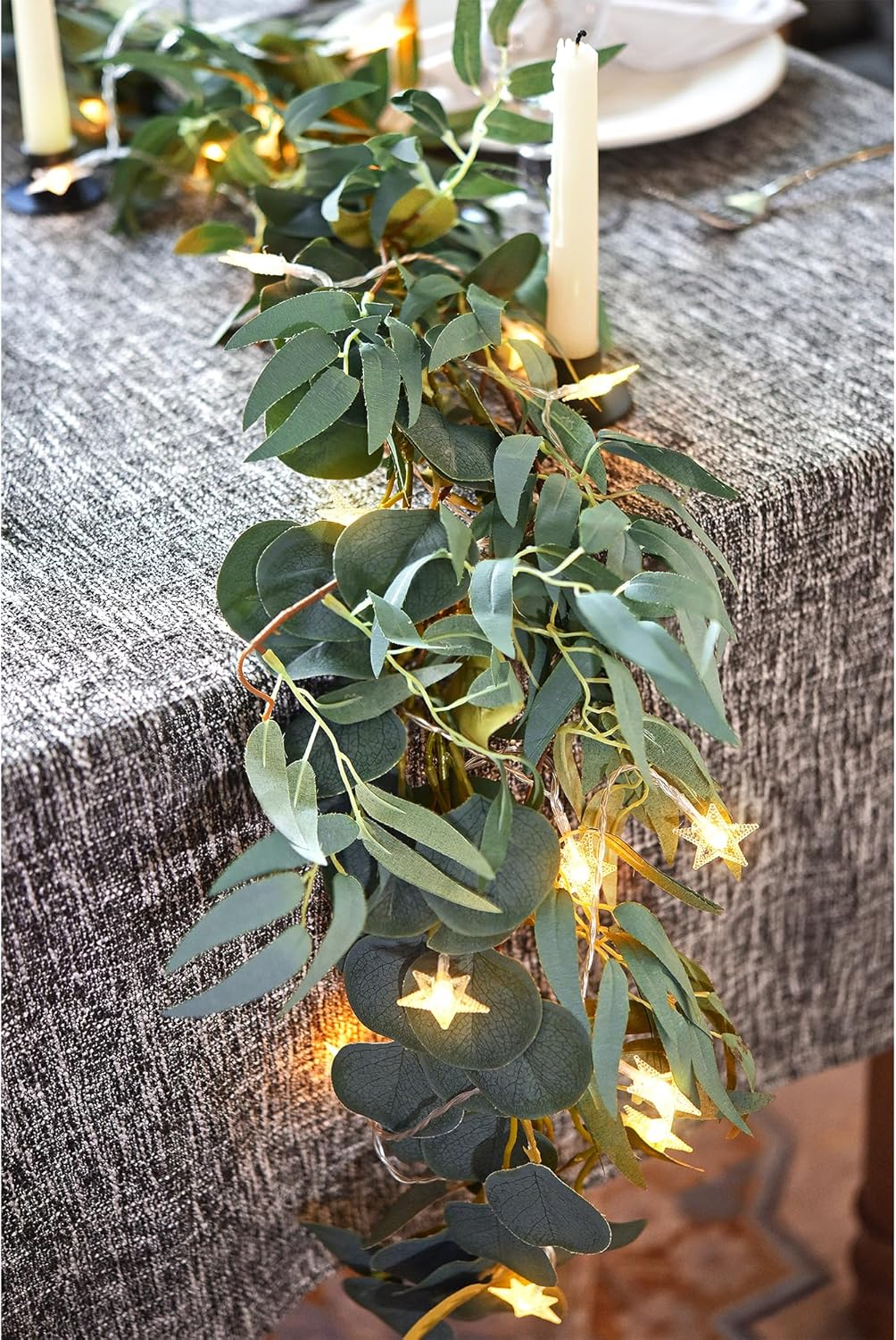 FiveSeasonStuff Woodland Whispers: Rustic Willow and Eucalyptus Garlands with 33 Feet 80 LED Star String Lights (Battery-Powered)